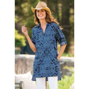 Philosophy Size XL Roll Tab Sleeve Tencel Long Pullover Denim Shirt Tribal Aztec